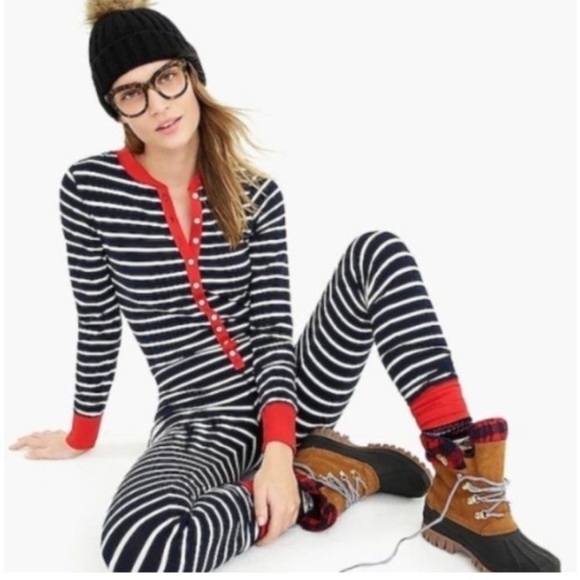 J Crew Unionsuit Onesie Pajamas Navy Stripe Red Jersey Cotton Loungewear EUC - Picture 2 of 10